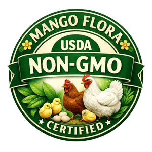 Mango Flora USDA Non-GMO Certified logo with chickens and eggs on a green background