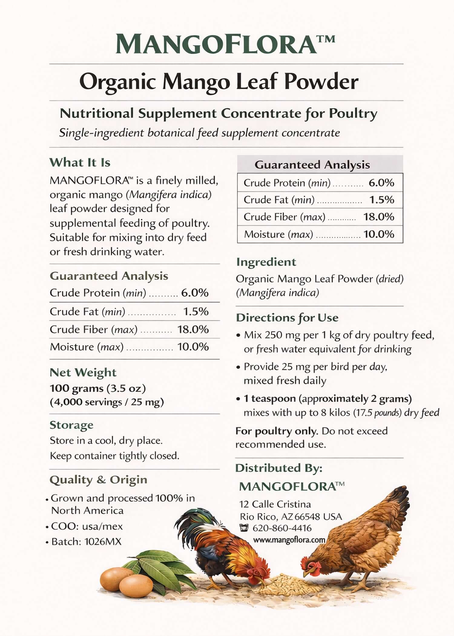 Mangoflora Organic Mango Leaf Powder supplement label for poultry with text and images of chickens and mangoes.