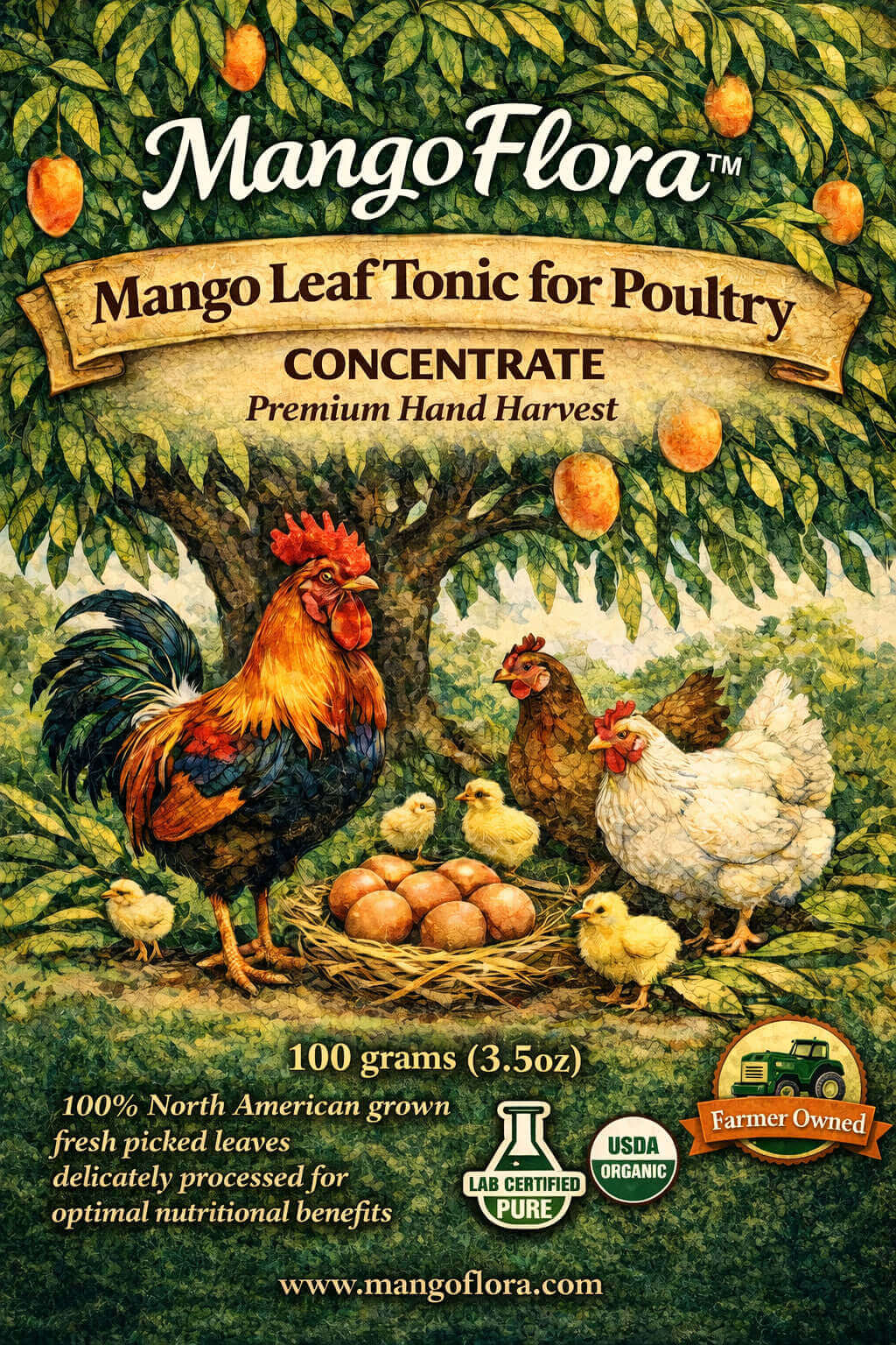 MangoFlora Mango Leaf Tonic for Poultry packaging with chickens and a rooster around a tree.