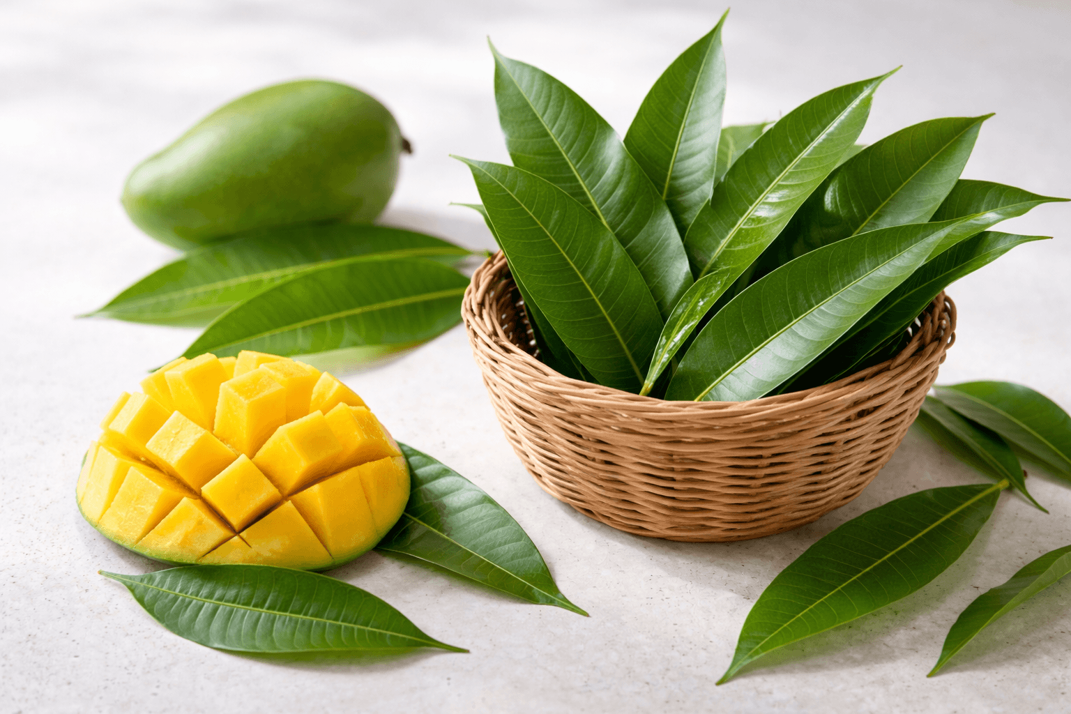 Mangoes with leaves on a light background