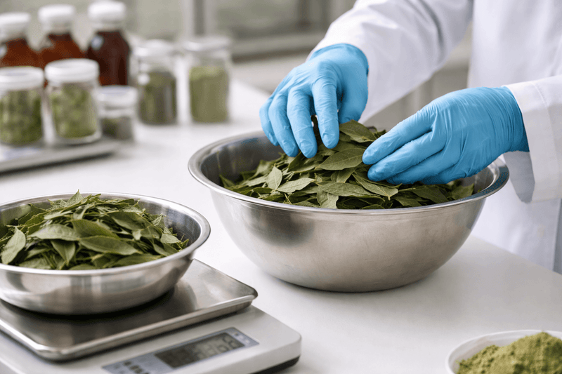 Person in a lab setting handling leafy greens in a bowl with a scale and jars in the background.