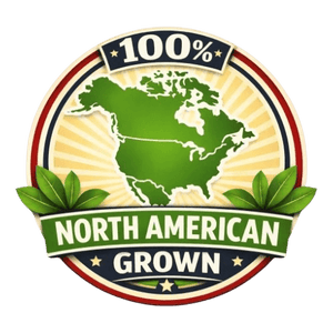 Logo with a map of North America, leaves, and '100% North American Grown' text on a white background.