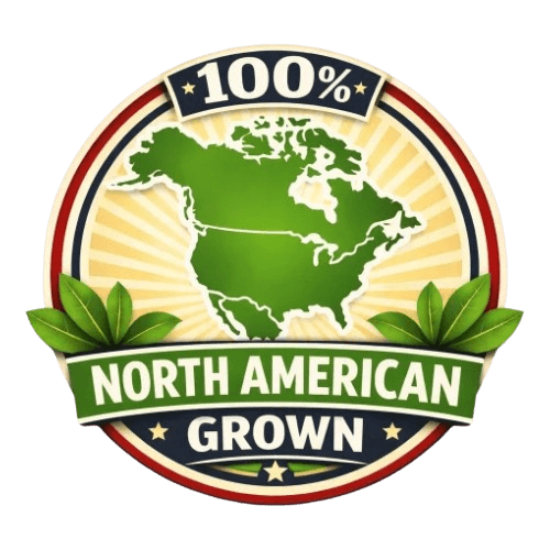 Logo with a map of North America, leaves, and '100% North American Grown' text on a white background.
