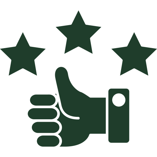 Green icon of a hand giving a thumbs up with four stars above it on a white background